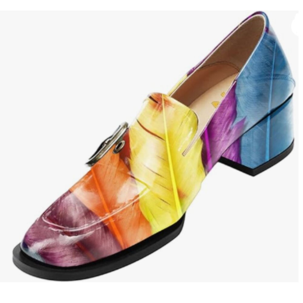 YDN Feather Square Toe Loafers Slip on Block Low Heel Pumps Buckle Shoes